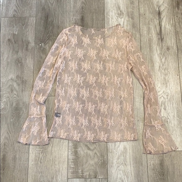 Sheer Floral Lace Long Bell Sleeve Top Size Medium Y2K Peach Pink - Picture 1 of 4